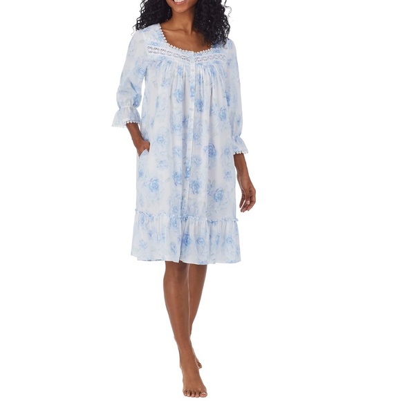 Eileen West L Short 3/4 Sleeve Button Front Robe floral rose lace trim nightgown